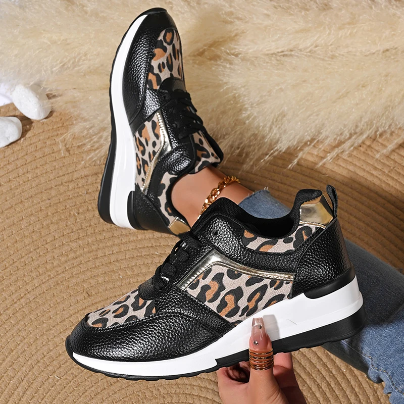 2025 Plus Size Leopard Print Sneakers Women Pu Leather Platform Sneaker Shoes Woman Comfortable Non Slip Lace Up Female