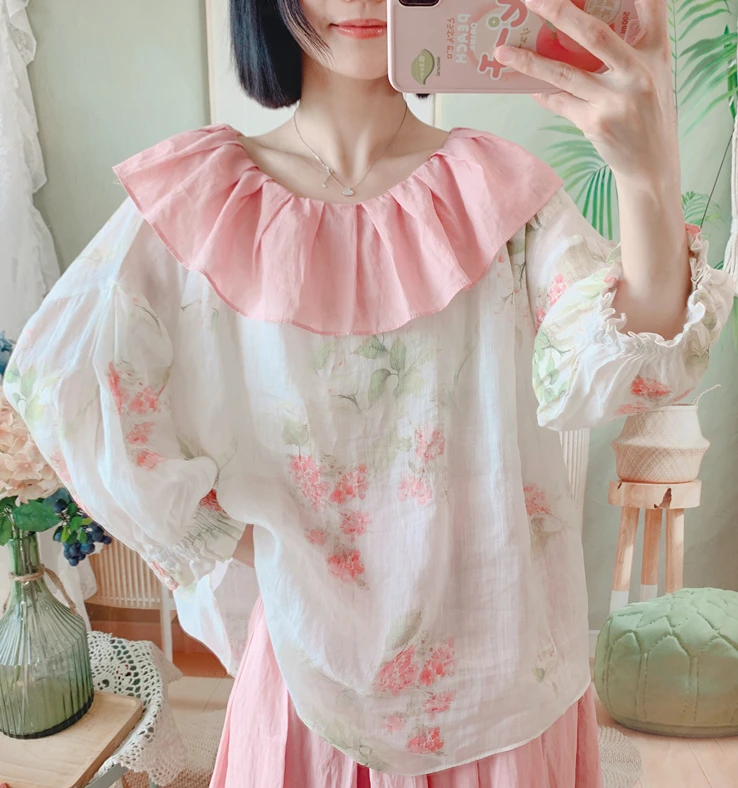 

2023 Summer Women's New Literary Loose Large Size Printed Ramie Lotus Leaf Collar Cotton and Linen on W Doll Shirt