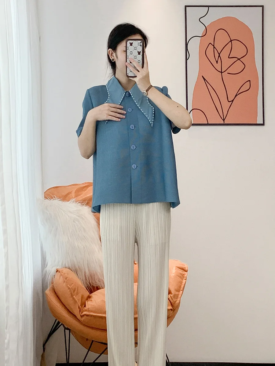 

Miyake fold summer fashion beaded shoulder short-sleeved T-shirt femininity slim POLO collar cardigan top