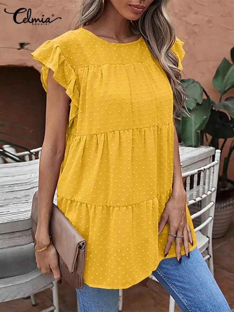 

Celmia 2022 Summer Fashion Tank Tops Round Neck Flare Sleeve Women Loose Jacquard Blouses Casual Mutilayer Stitching Tunics