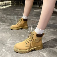 2022 winter fashion womens boots lace up round head women martin boots black mid heel leather ankle boots boots for woman
