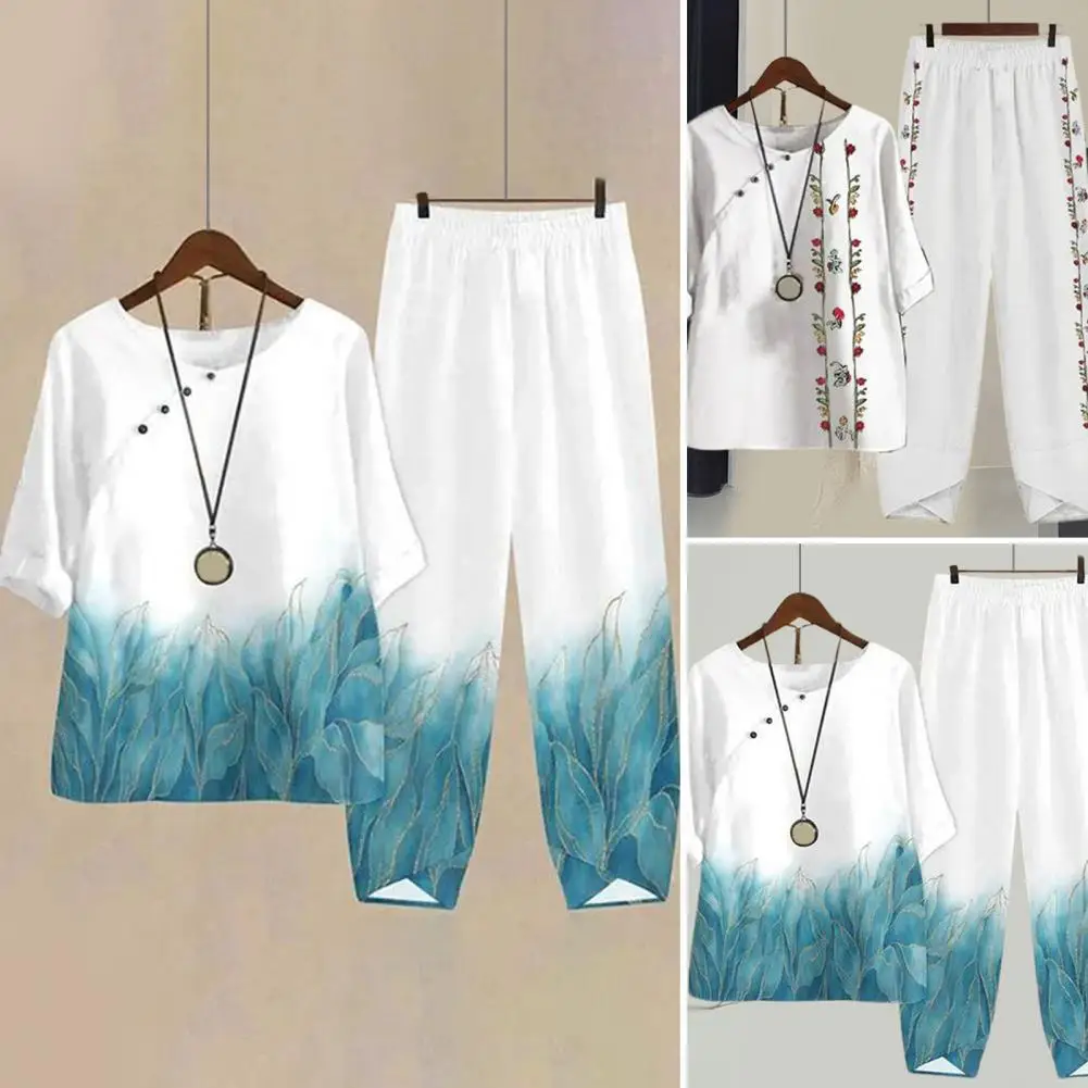 

Женский Брючный комплект из двух предметов, стильный топ с круглым вырезом и широкие брюки из полиэстера с принтом, повседневный комплект из двух предметов для женщин, 2023