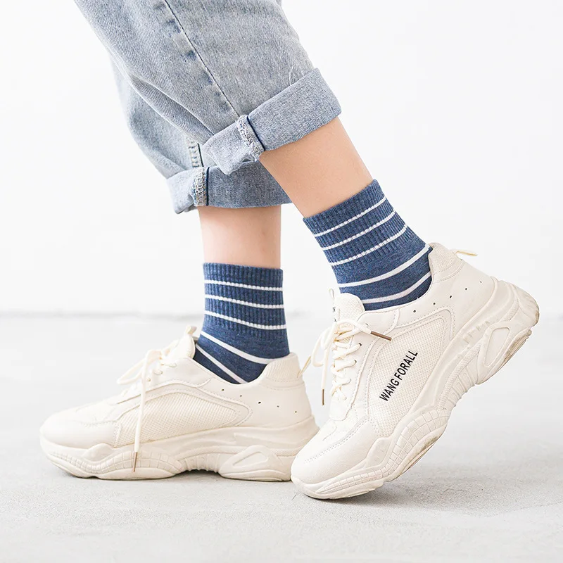Retro Striped Socks Children's Women Medium Tube Socks Spring and Autumn Cotton Stockings Korean Cute Stockings Japanese Socken