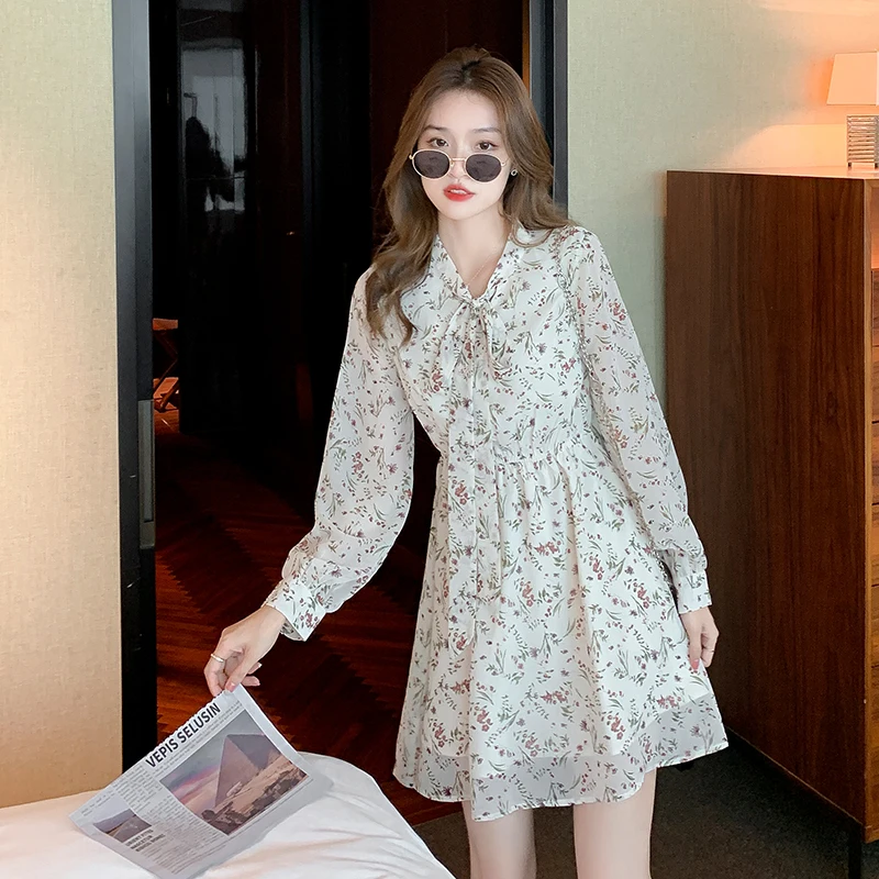 

WEIHAOBANG 2022 Spring Autumn Women's New Chiffon Print Short Skirt Lace Up Collar Long Sleeve Casual High Waist Slim Dress