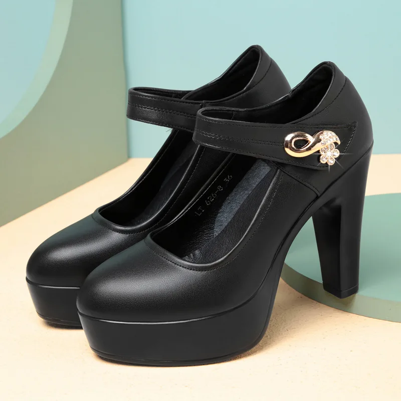 

10cm Buckle Block Heels Leather Pumps Women Platform Shoes 2023 High Heels Shoes Elegant Wedding Shoes White Office Shoe 39 40
