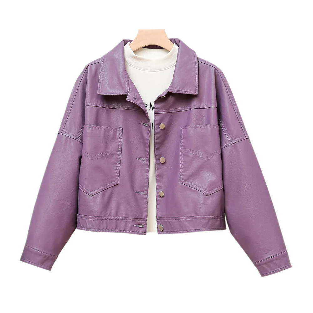 2023 Lapel single breasted large pocket women's leather jacket leather jacket slimming simple purple coat
