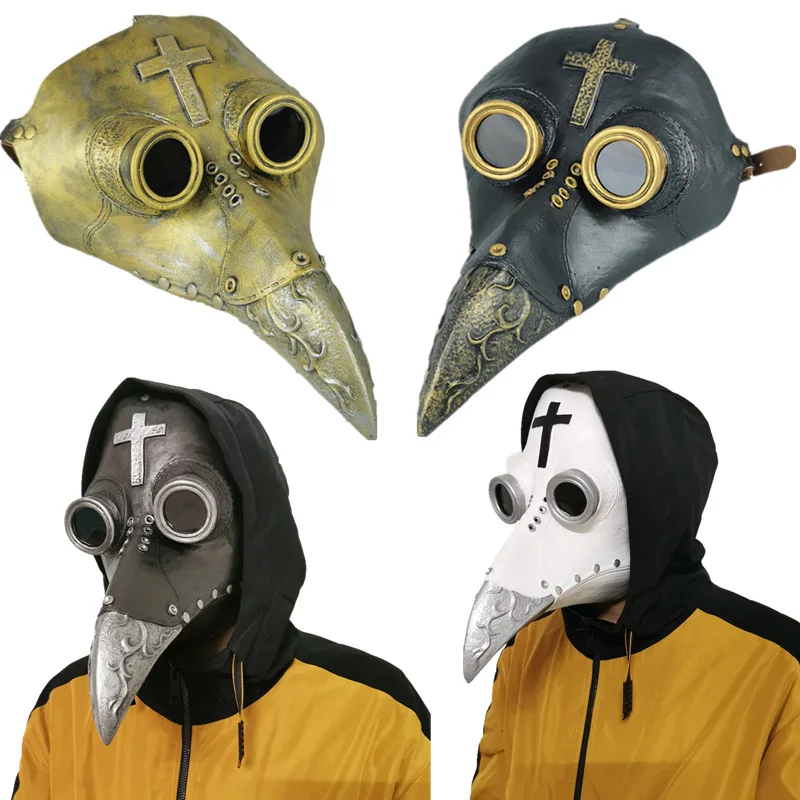 Punk Medieval Steampunk Mask Plague Doctor Bird Beak Mask with Cross Halloween Cosplay Party Props Rave Masquerade Latex Mask