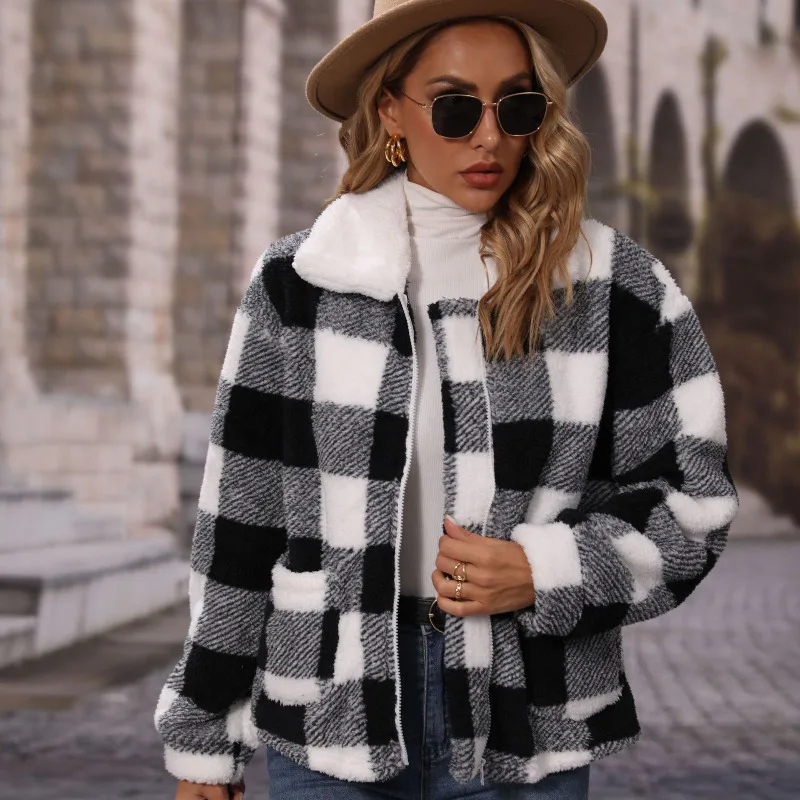 

Fashion Autumn Women's Lapel Long Sleeve Zipper Loose Plaid Reversible Velvet Casual Coat
