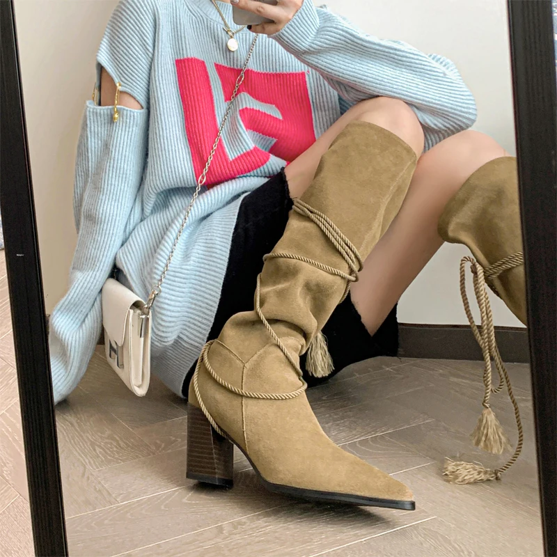 

2023 IN Stassel Women Genuine Leather Knee High Boots Fashion Pointed Toe Slip on Party Club Winter Ladies Footwear Size 34-40