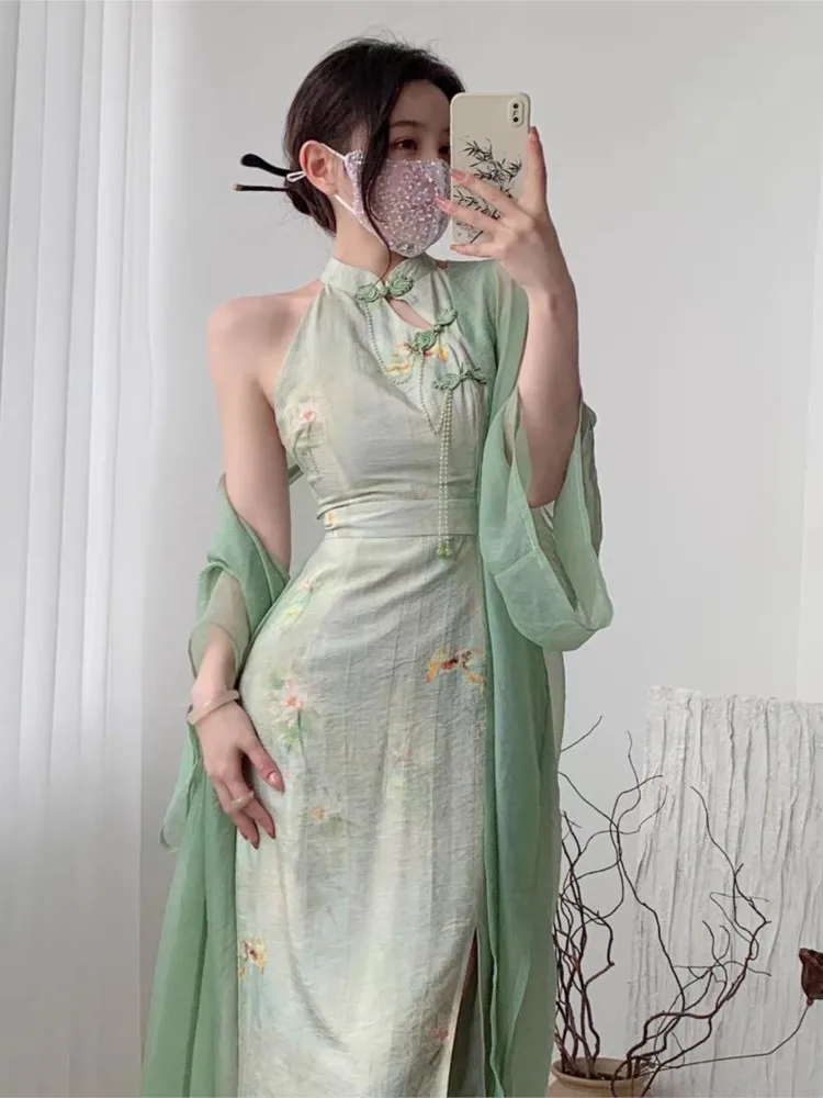 

Женское облегающее платье-Ципао с цветочным принтом, улучшенное современное пикантное винтажное платье в китайском стиле без рукавов, элегантное женское платье