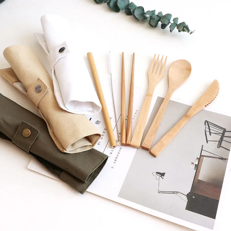 

Japanese Style Unpainted Bamboo Knife Fork Spoon Chopsticks Straw Brush Cloth Bag Set Creative Portable Straw Bag Tableware