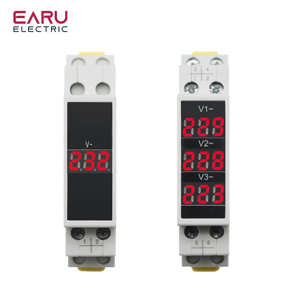 Din Rail 18mm Voltage Meter AC 80-500V 220V 380V Single Three Phase Modular Voltmeter Indicator LED Digital Display Detector