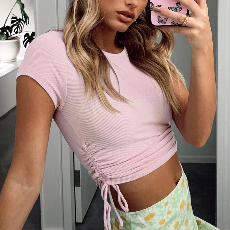 

Трикотажные модные милые майки, женские укороченные топы с коротким рукавом, летняя модная футболка с кулиской, футболка 2022, Повседневная У...