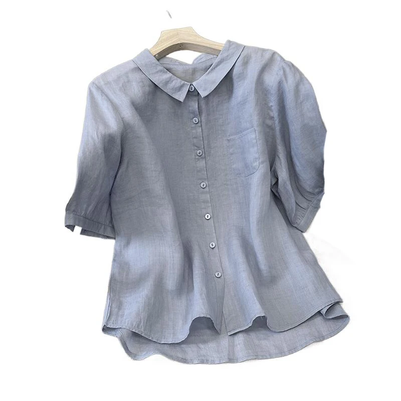 

2023 Summer New Polo Collar Ramie Shirt 5/4 Sleeves Thin Loose Fit Shirt Solid Color Temperament Cotton Hemp Top Women