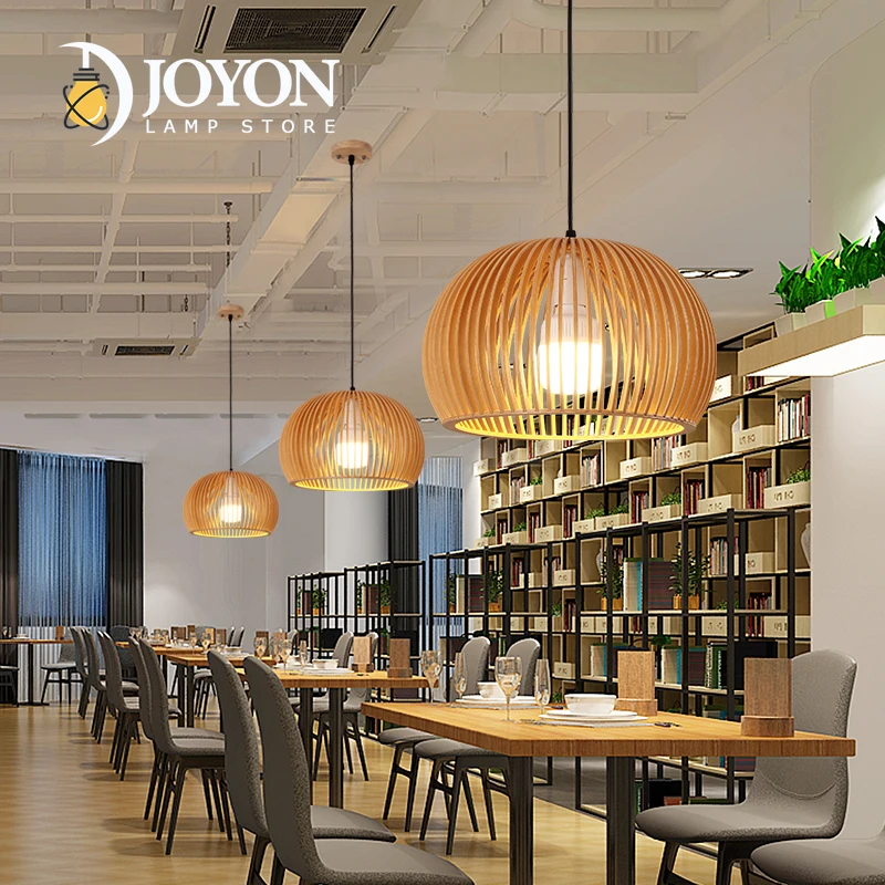 

Modern Wood Cage Bedside Ceiling Pendant Lamps E27 Holder Fixture Dining Table Decoration Timber Lighting Modern Chandeliers