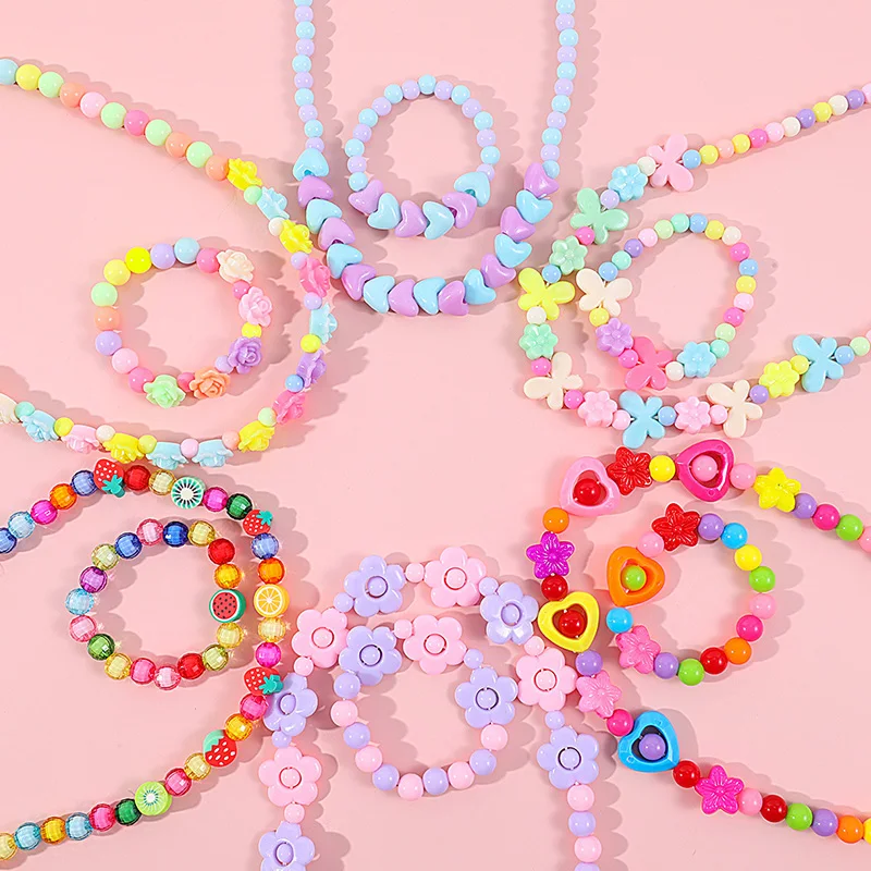 

Kids Beaded Flower Sweater Necklace Bracelet Cartoon Colorful Acrylic Jewelry Christmas Birthday Party Favorite Gift for Girls