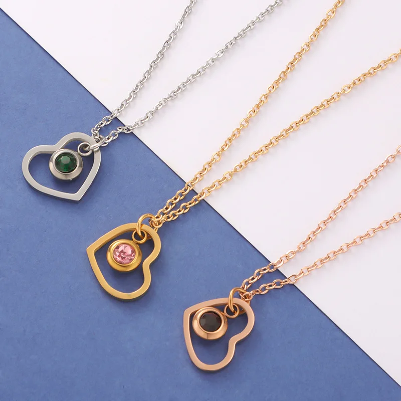 

Stainless Steel Love Pendant Necklace With Birthstone Charm Women Clavicle Chain Gift To Friends