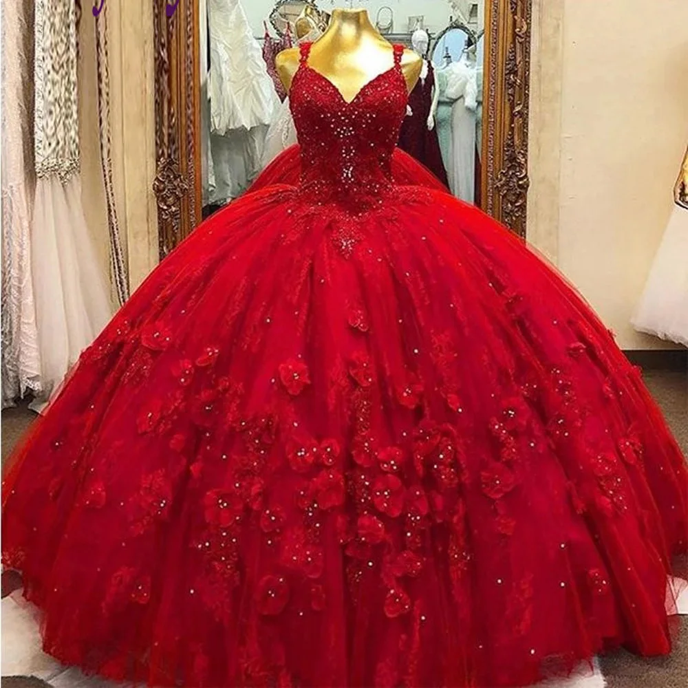 

Красное Кружевное бальное платье Quinceanera, мексиканское Тюлевое платье с блестками и цветами, милое платье принцессы для маскарада 16, выпускн...