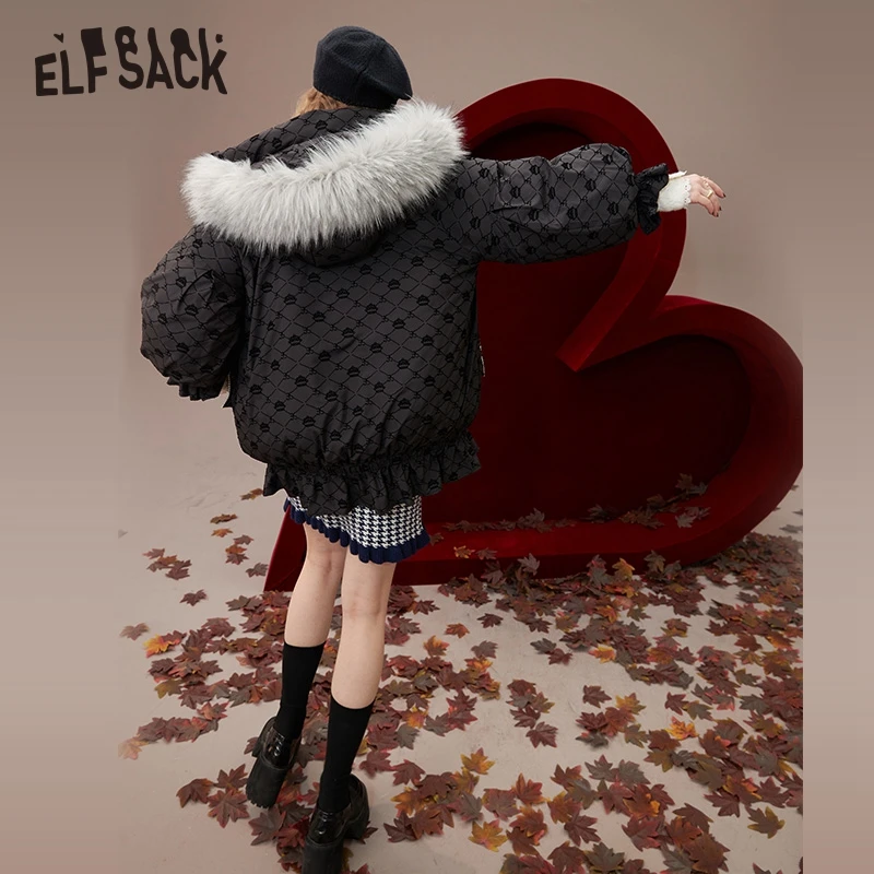 ELFSACK Black Vintage Down Coats Women 2022 Winter New Design Short Outwears
