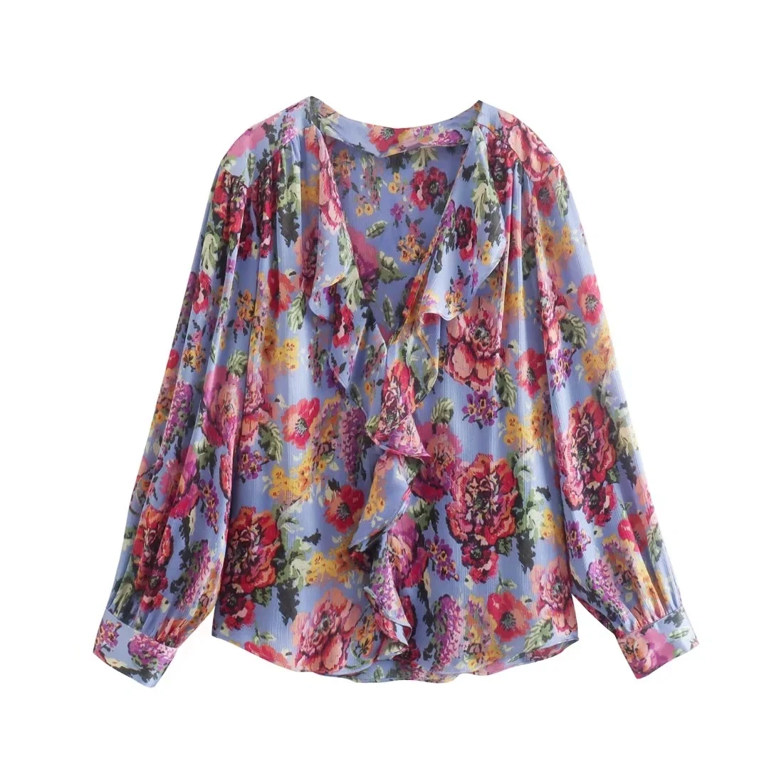 

XITIMEAO Women Fashion With Ruffled Floral Print Flowing Shirts Vintage Long Sleeve Loose Female Blouses Blusas Chic Tops