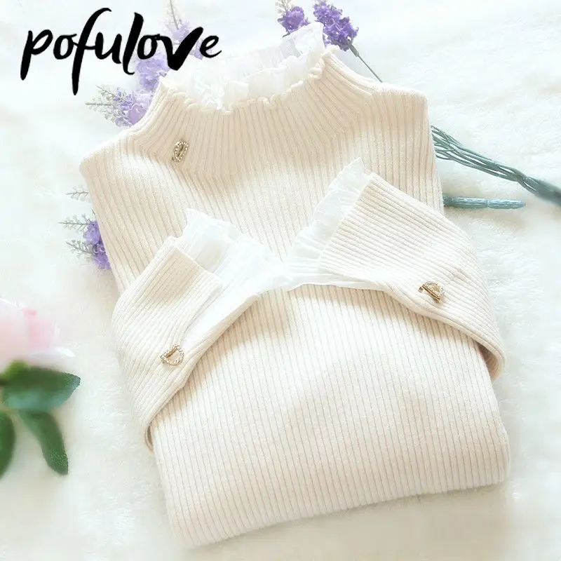 Sweater Women's Turtleneck Lace Ruffle Pullover Women's Trumpet Sleeve Top Solid Color Knitwear Trending Sweater Autumn Winter