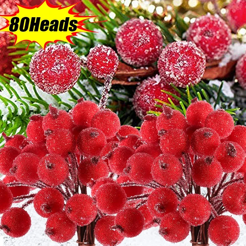 

40/80Heads Artificial Holly Berries Christmas Frosted Simulation Cherry Double Head Mini Stamen Fake Berry DIY Wreath Decoration