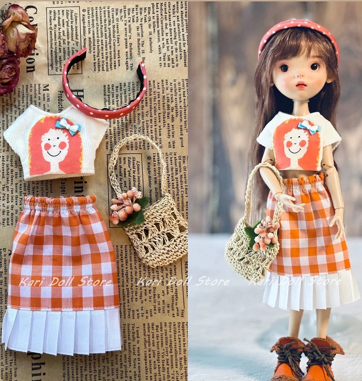 Kari Doll Одежда и юбки 2025 Оранжевая клетчатая юбка с короткими рукавами костюм для