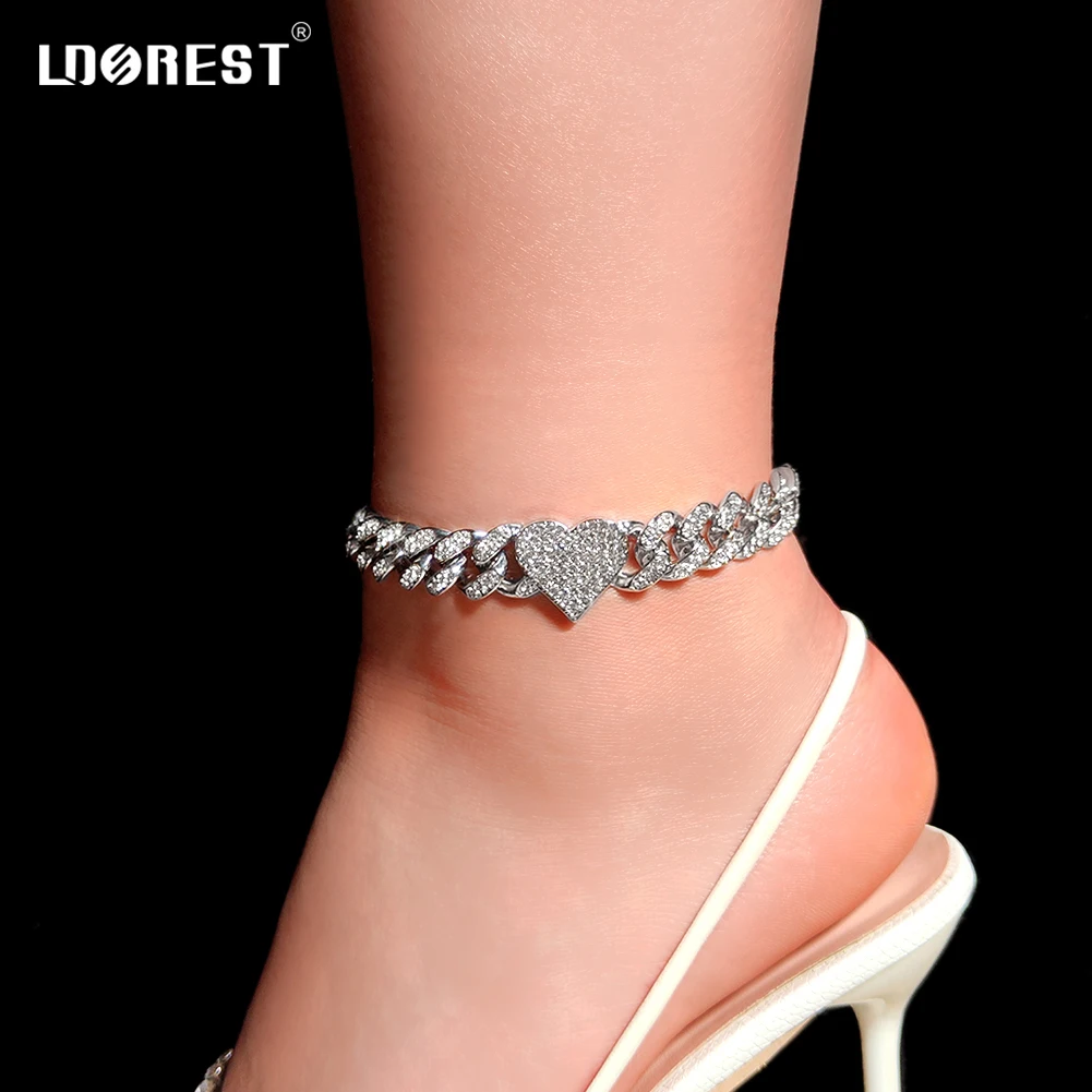 

Punk Bling Love Heart Cuban Anklets For Women Iced Out Rhinestones Cuban Link Ankle Chain 13MM Anklet Bracelet Hip Hop Jewellery