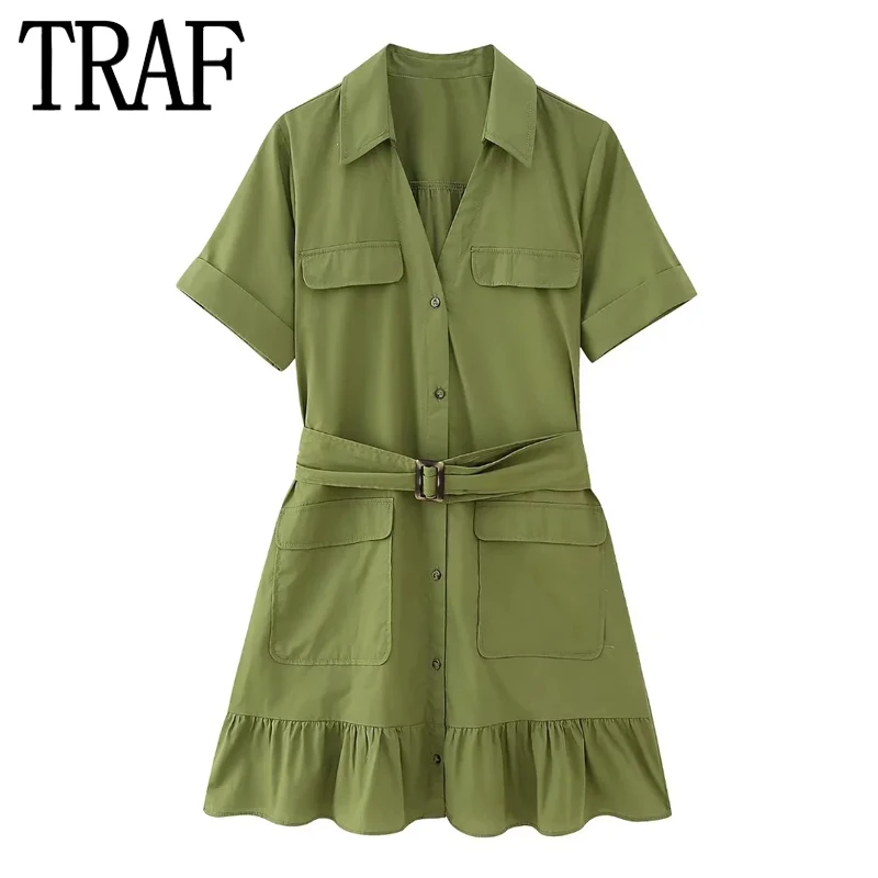 

TRAF Ruffle Shirt Dress Woman Green Summer Woman Dress 2023 Fashion Pockets Short Dresses For Women Short Sleeve Casual Dresses