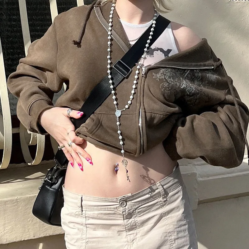 

Женская уличная Толстовка Y2K в стиле хип-хоп, осенне-зимняя куртка на молнии с принтом, пальто, готический Свободный свитшот в стиле Харадзюку с длинным рукавом