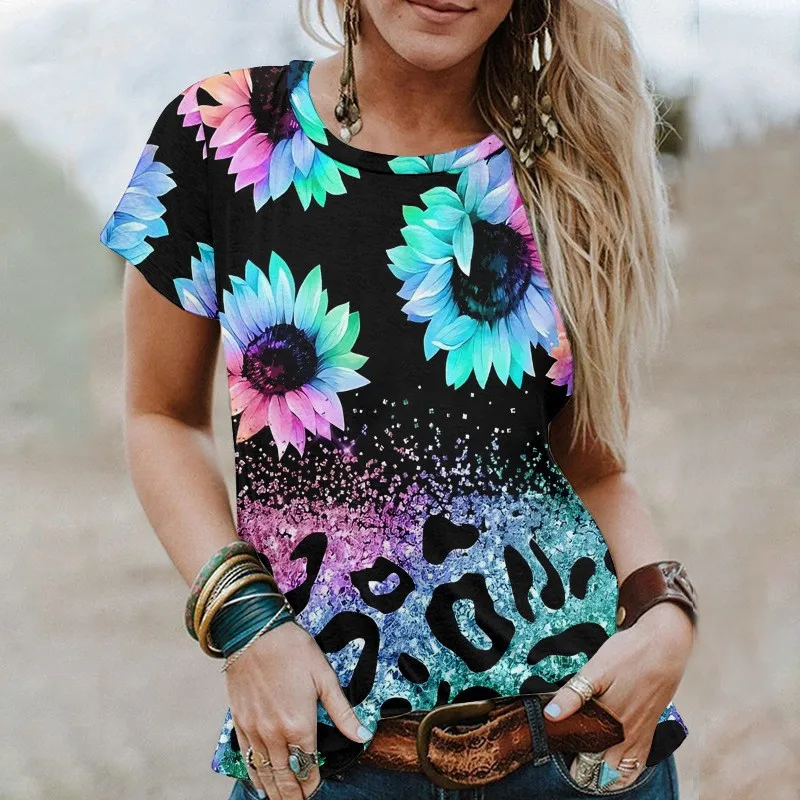 

Women's T-shirt Summer Fashion New Printing Set Short-sleeved Shirt Abstract Loose Round Neck Ladies T-shirt