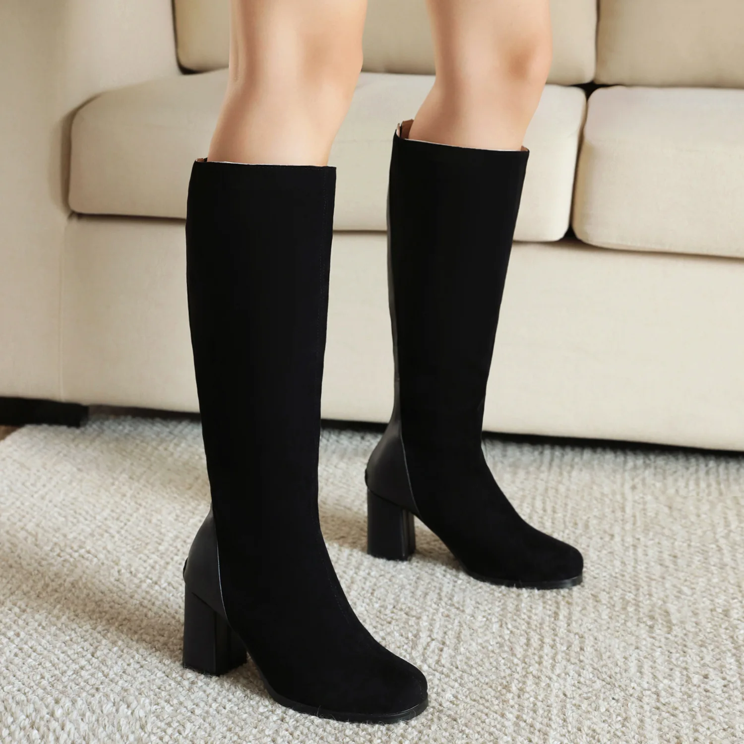 Lady Boots Round Toe Sexy Thigh High Heels High Sexy Brand Women's Shoes Zipper Boots-Women Winter Footwear Low Over-the-Knee Fa