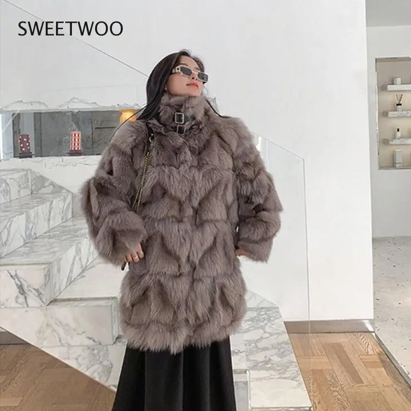 Long Faux Fox Fur Coat Winter Mid-length Jacket Women Outerwear Streetwear Thick Warm Loose Fashion Contracted Slim tide 2022