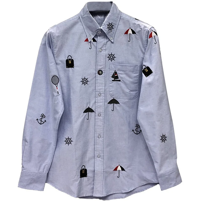 TB THOM Shirt Autunm New Umbrella Embroidery Women Blouses Korean Fashion Style Oxford Cotton Causal Men's Social Shirts