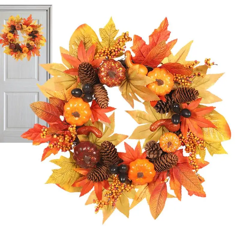 

Thanksgiving Door Wreath Artificial Pumpkins Fall Front Door Wreaths Rustic Pine Cones Maples Leaf Farmhouse Seasonal Hanger