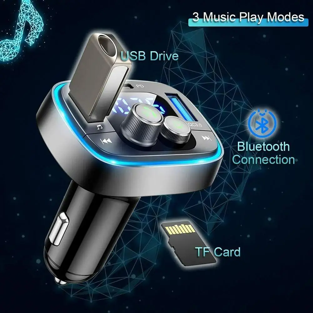 

Car Bluetooth-compatible 5.0 Adapter Wireless Fm Radio Transmitter Mp3 Player Pd3.0 Qc 3.0 36w/6a Changer 7 Colors Led Backlit