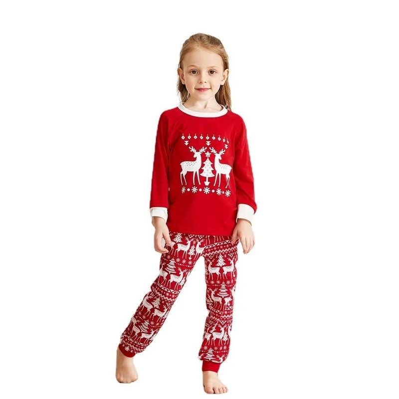 QWEEK Family Matching Outfits Deer Moose Print Red Pajamas Autumn Winter Christmas Pijamas Nightwear Women Sleepwear 2 Piece Set