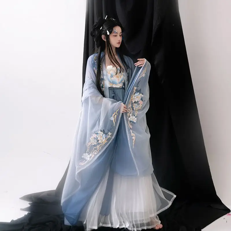 Женская голубая юбка Hanfu с вышивкой рубашка большим рукавом и принтом на весну