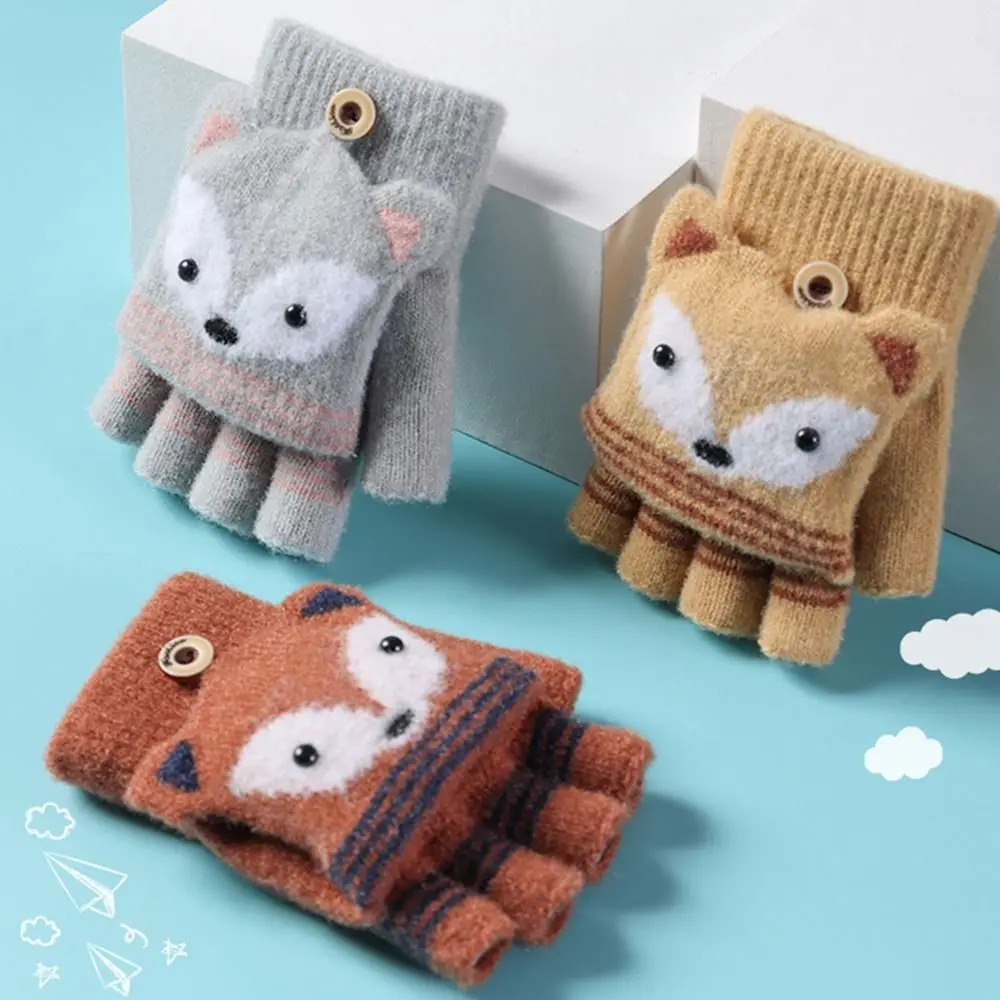 

Thick Autumn Winter Cute Exposed Finger Knitted Gloves Children Mittens Flip Fingerless Gloves Warm Gloves