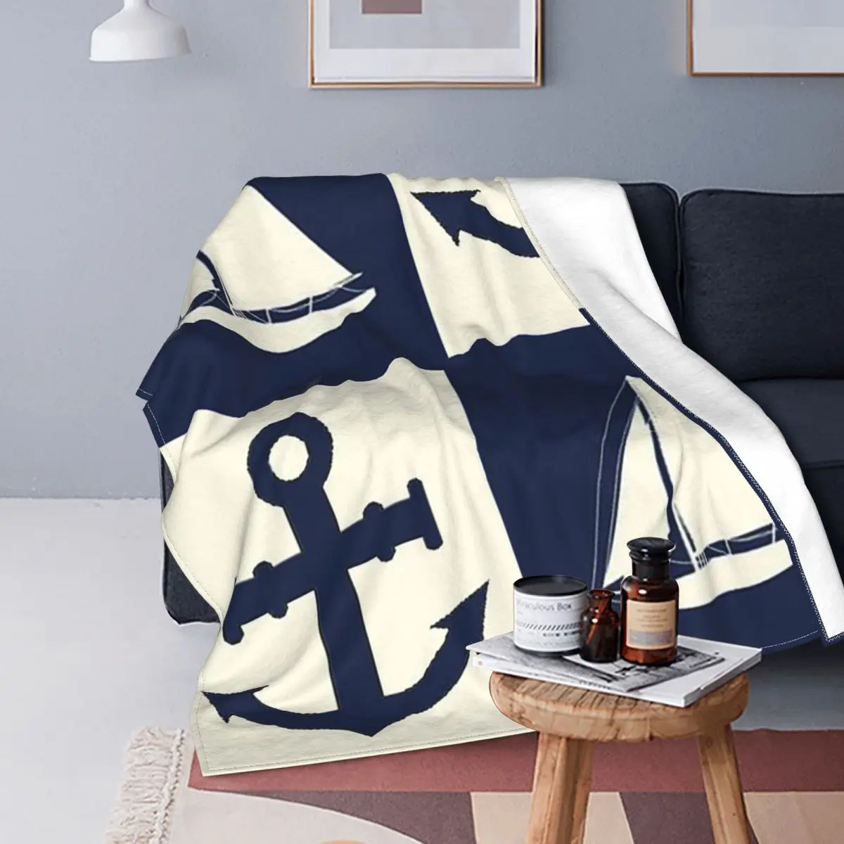 

Клетчатое одеяло с якорем, флисовое весенне-осеннее портативное мягкое одеяло морского флота с коллажем для постельного белья, автомобильн...