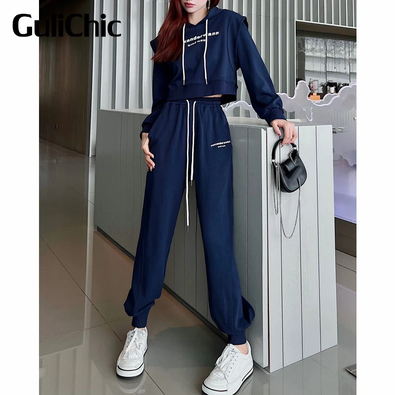 

10.10 GuliChic Women Fashion Sporty 2 Piece Set Letter Hooded Loose Short Hoodie + Sweatpants