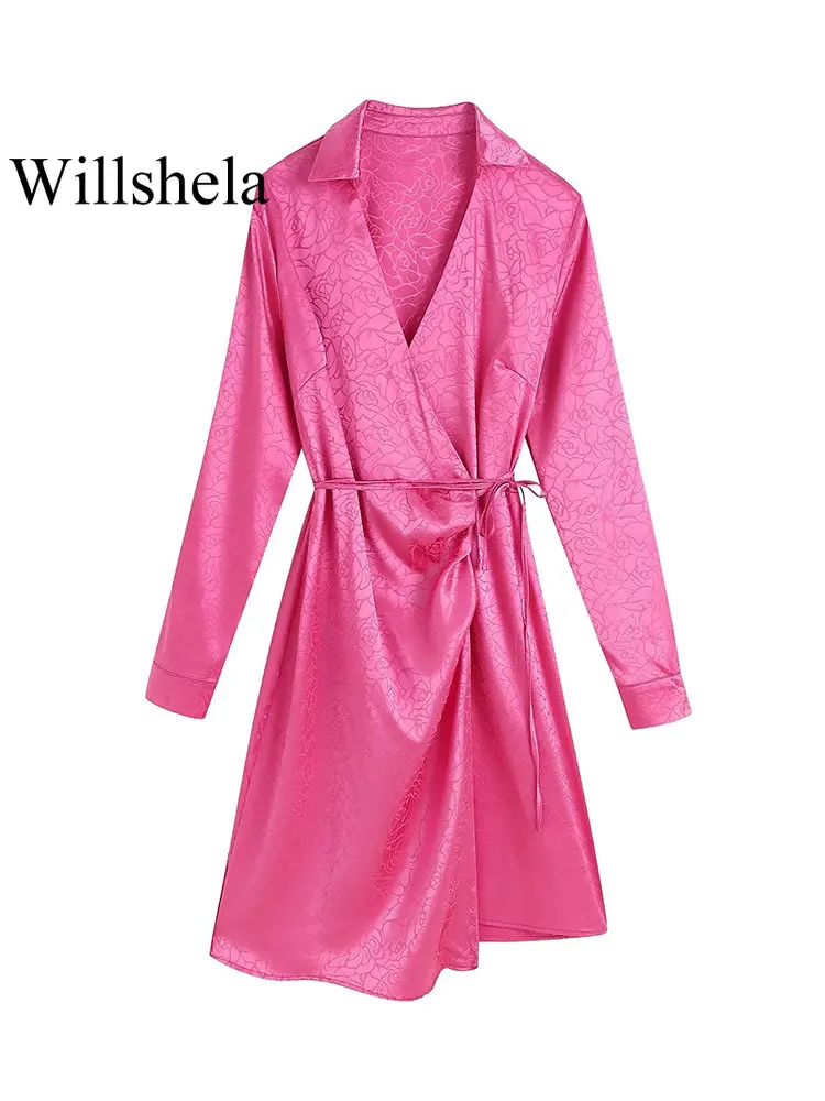 

Willshela Women Fashion With Belt Jacquard Bowed Midi Dress Vintage Lapel Neck Long Sleeves Female Chic Lady Dresses