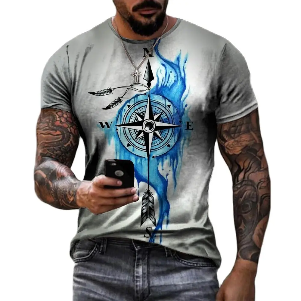 

3D Printed Men's T-shirt, Compass Printed Short Sleeve Shirt, Vintage, Casual, Summer Trend, Personality