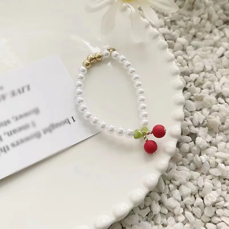 

Fashion Charm Cherry Pendant Beaded Bracelets For Women Girls Korean Style Aesthetic Pearl Elastic Bracelet Female Jewelry