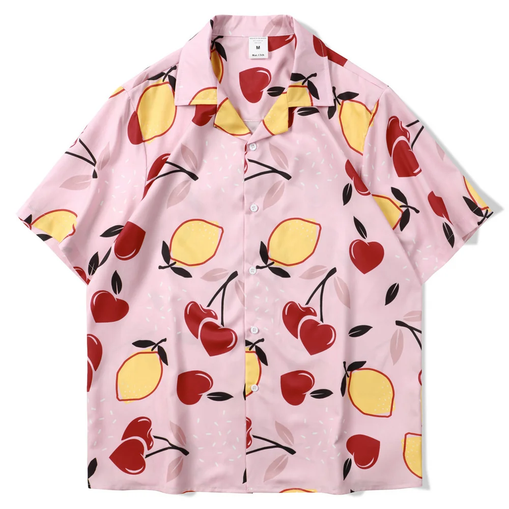 

Male Fashion Hawaii Beach Shirts Hip Hop Casual Lemon Cherry Print Shirt Short Sleeve Shirt Men Street Oversize Shirt for Men