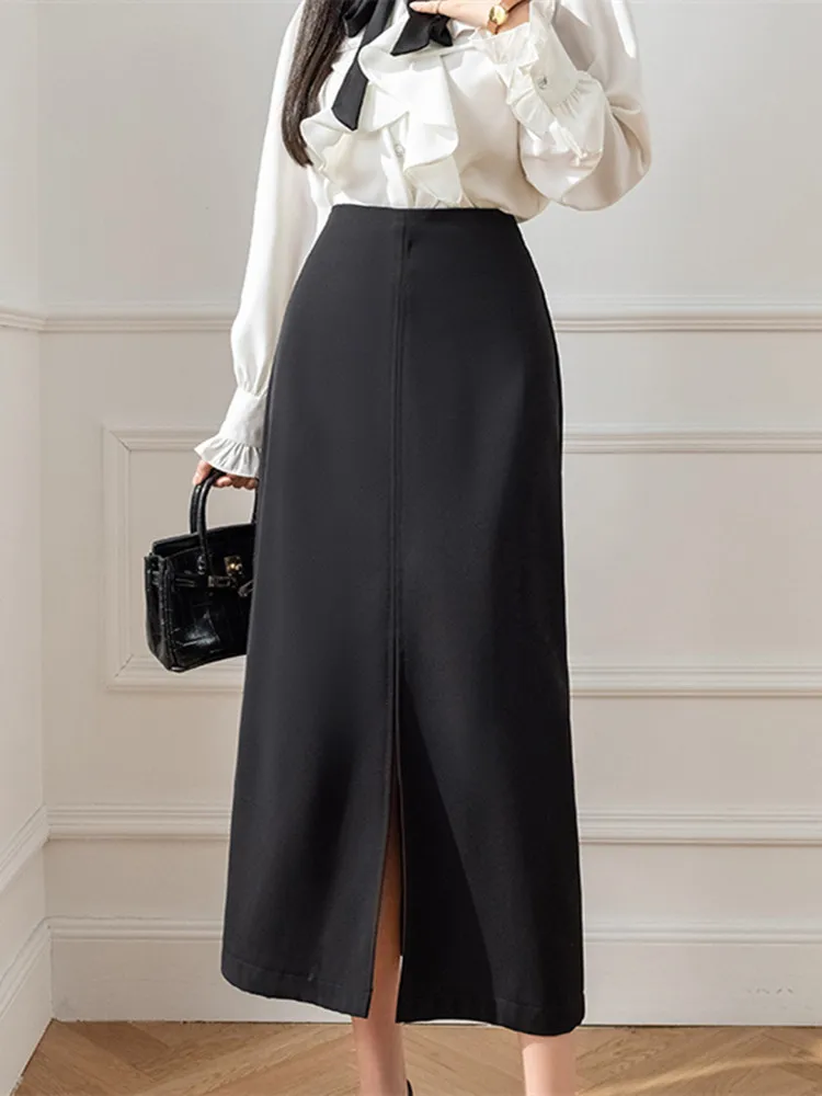 

Spring And Summer 2023 Skirt Korea Simple And Elegant Mid-length High Waist One-step Skirt Black Skirt