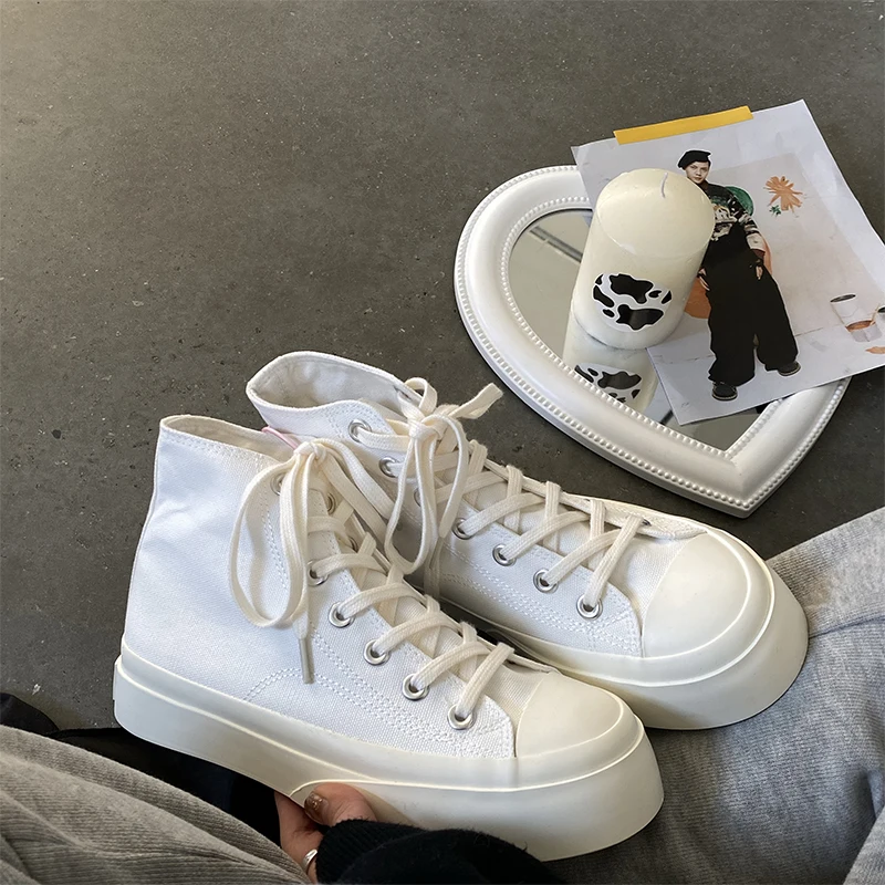

Sneakers Women's Canvas Lace-up High Shoes Platform Casual Footwear Round Head Tennis Japanese Boots Female Vulcanize Shoes
