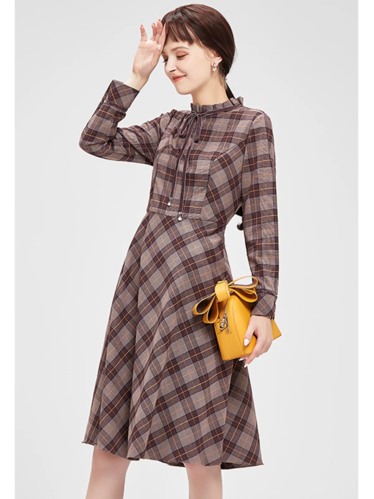 Brand Withdraw from Cupboard Fabi Plaid Mori look Korean Stretch Fashion Dress Purple Women clothes All-Matching 640392