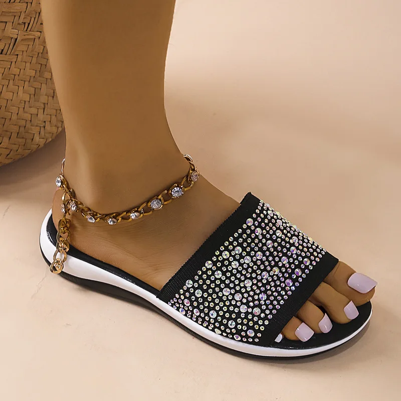 

New Women Casual Slippers Fashion Rhinestone Solid Color Roman Sandals Fly Woven Mesh Lightweight Breathable Flats Zapatos Nina