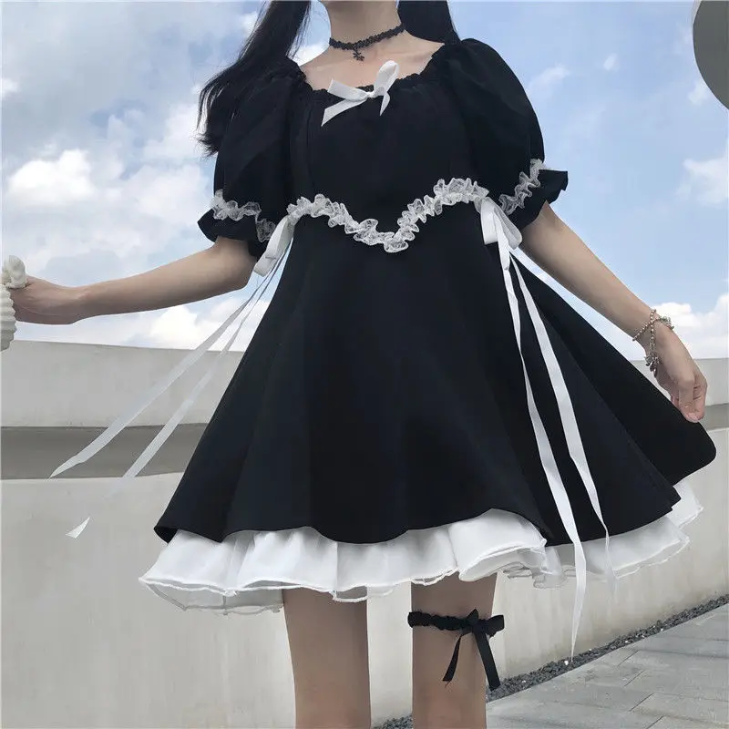 Купи Summer Prom Gothic Lolita Dress Girl Sundress Japanese Harajuku Kawaii Cute Short Puff Sleeve Black Dress 2022 Sweet Dress Woman за 1,133 рублей в магазине AliExpress